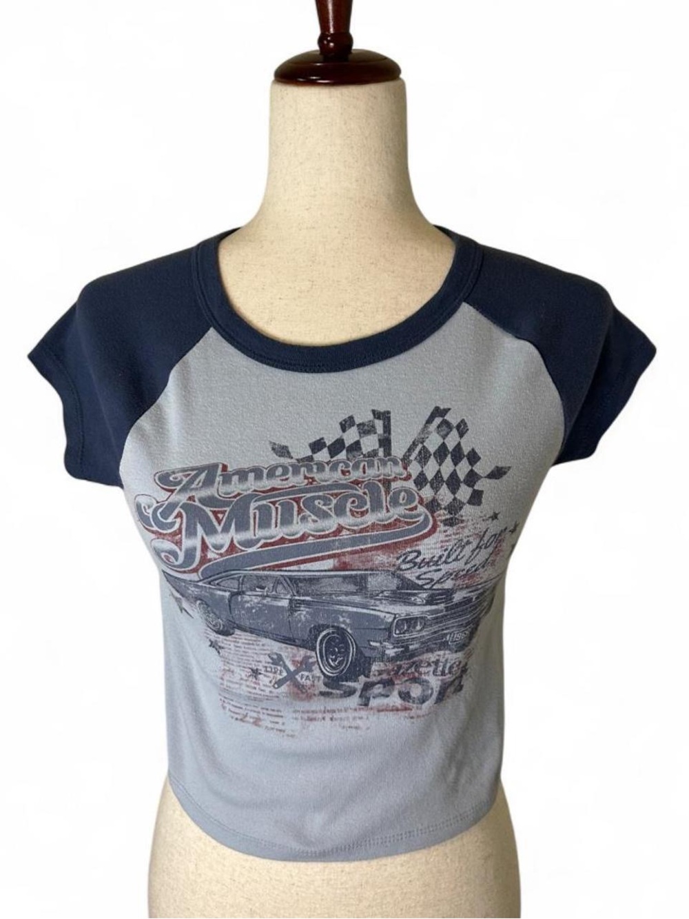 Americana Navy Blue & Light blue Muscle Car XS Baby Tee